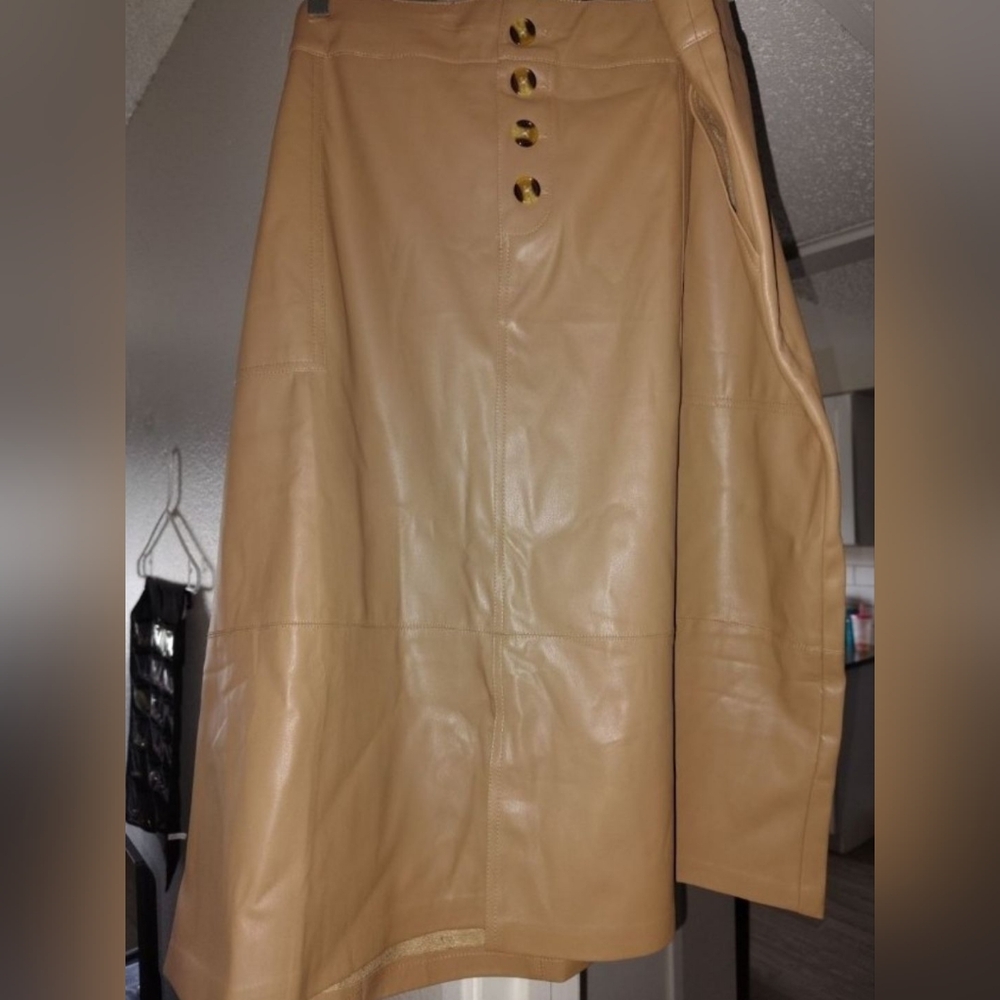 Tan Leather Skirt with Button Details And Modest Split In Back